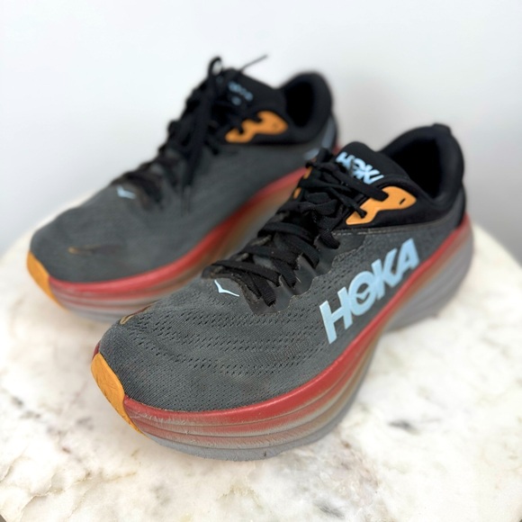Hoka One One Bondi 8 Mens 9 Shoes Gray Red Running Sneaker 1123202 ACTL Gym - Picture 2 of 11
